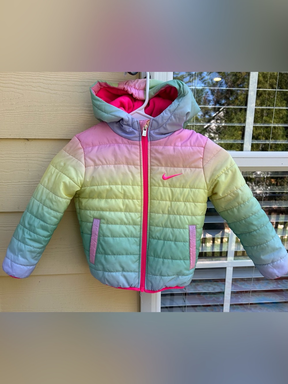 Nike Kids Rainbow Ombre Hooded Puffer Jacket - Pink, Yellow, Mint Size is 2T-3T